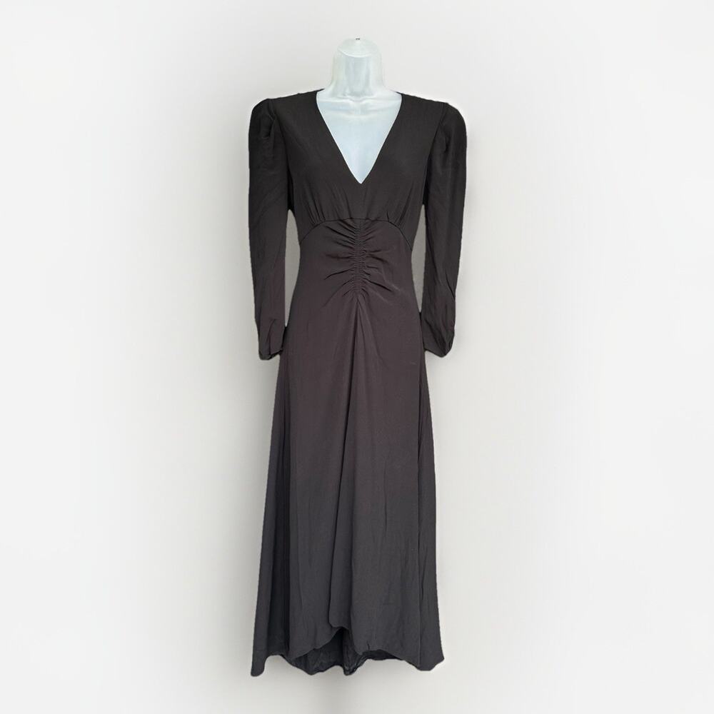 Mango Ruched Midi Asymmetrical Dress Size 4 Black Long Sleeve Whimsigoth Chic